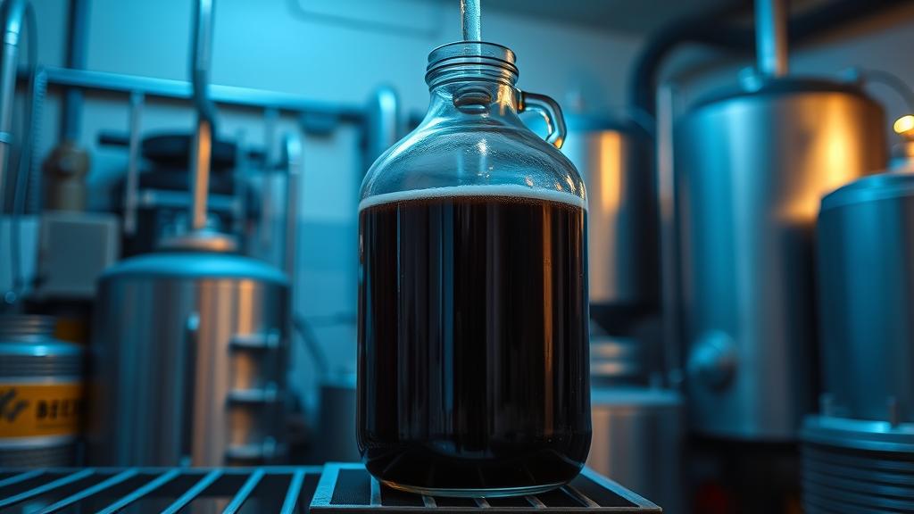 Glass carboy fermenter with dark beer inside, airlock bubbling gently, sitting on a temperature-controlled shelf
