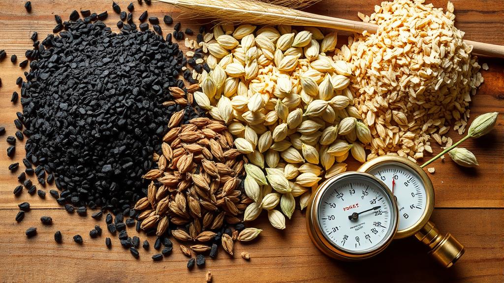 Overhead shot of black pilsner ingredients: dark crystal malt, black barley, pale malt, and German noble hops