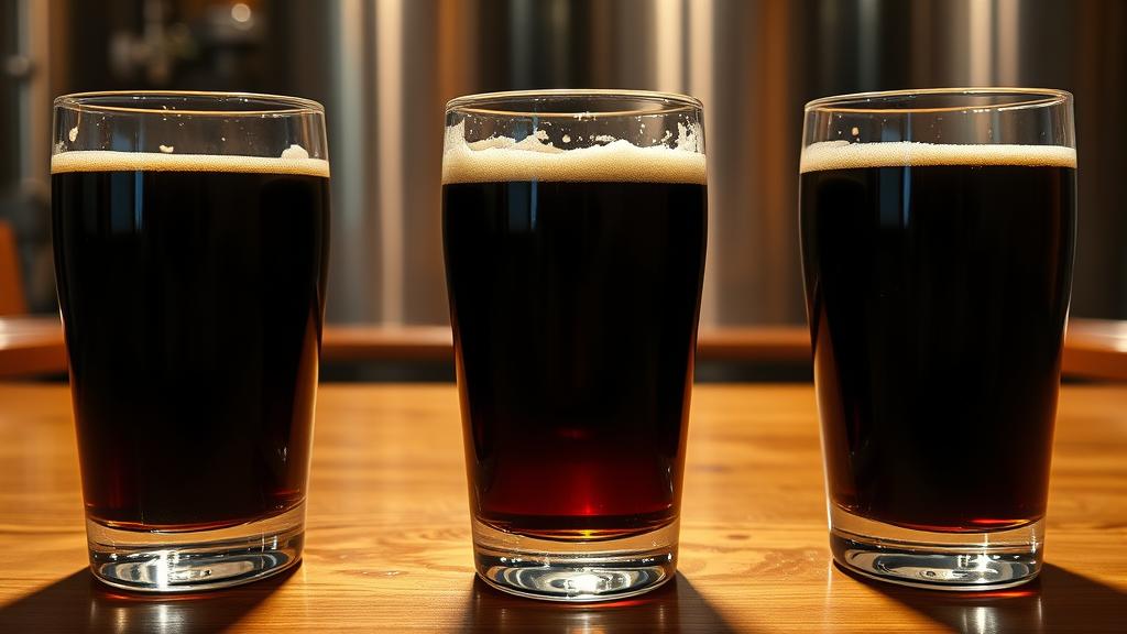 Three pilsner glasses filled with black pilsner beer at different consumption stages, tasting table setup