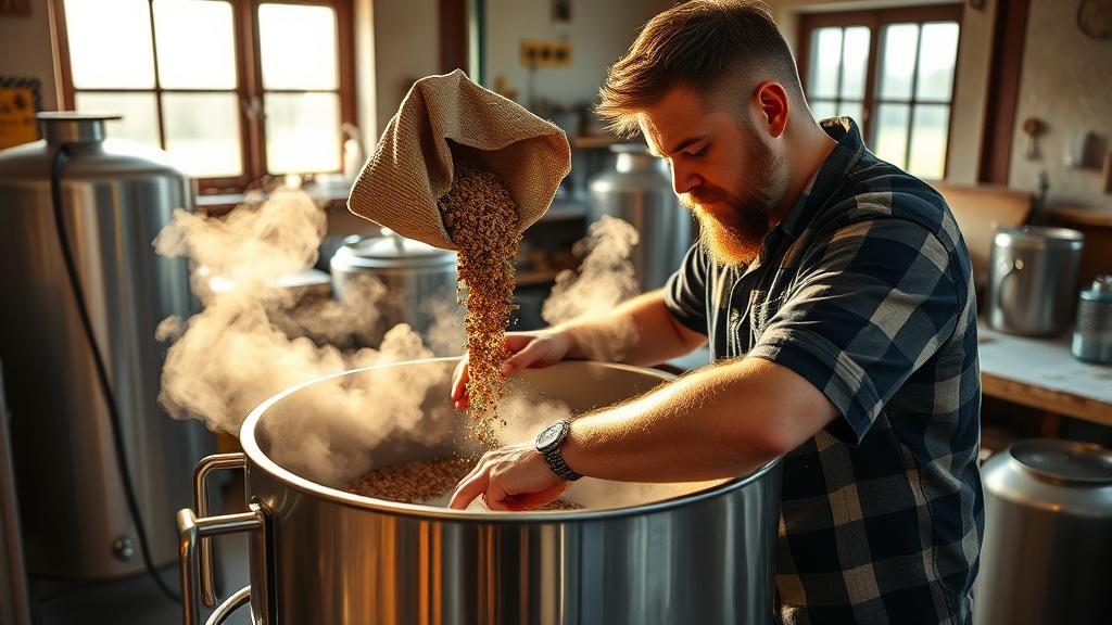 Homebrewer mashing in smoked malt with steam rising from brewing vessel