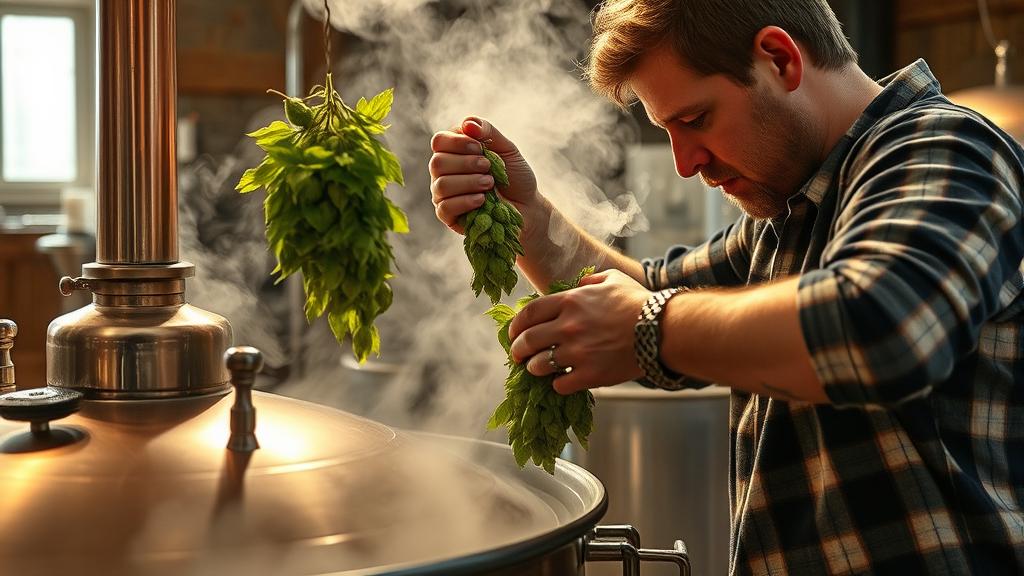 Homebrewer adding fresh spring hops to a copper brew kettle