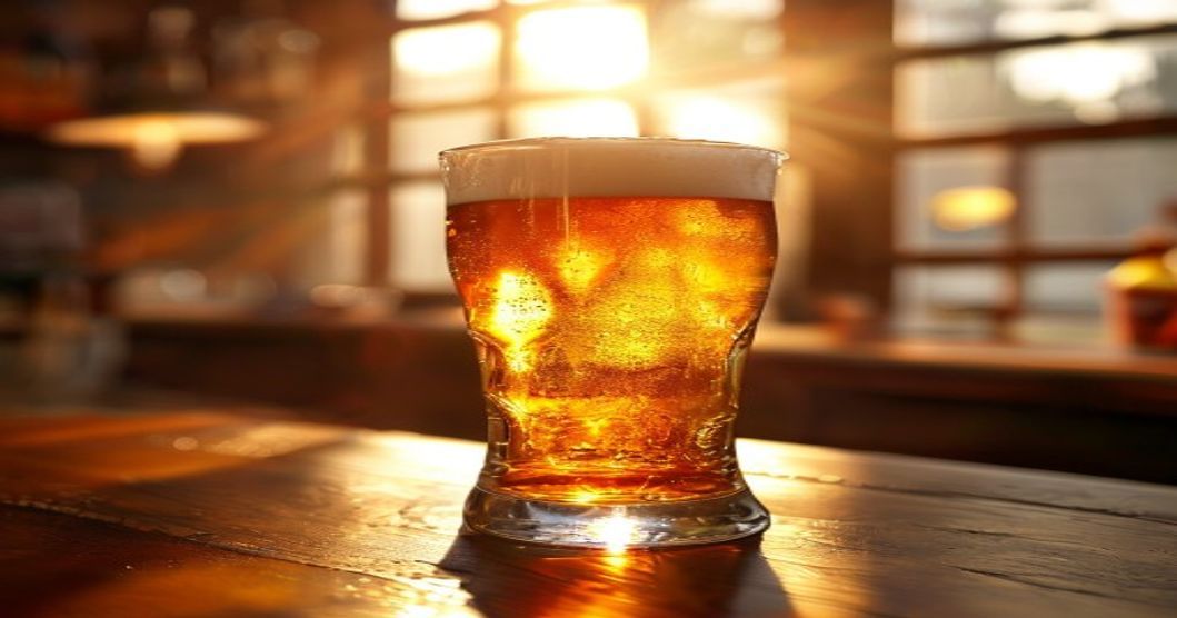 A chilled pint of British golden ale in a nonic glass with a thick white head