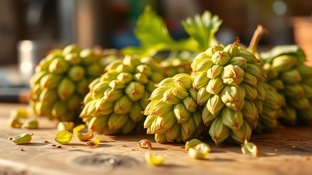 Fresh Cascade and Centennial hop cones on wooden surface with detailed texture