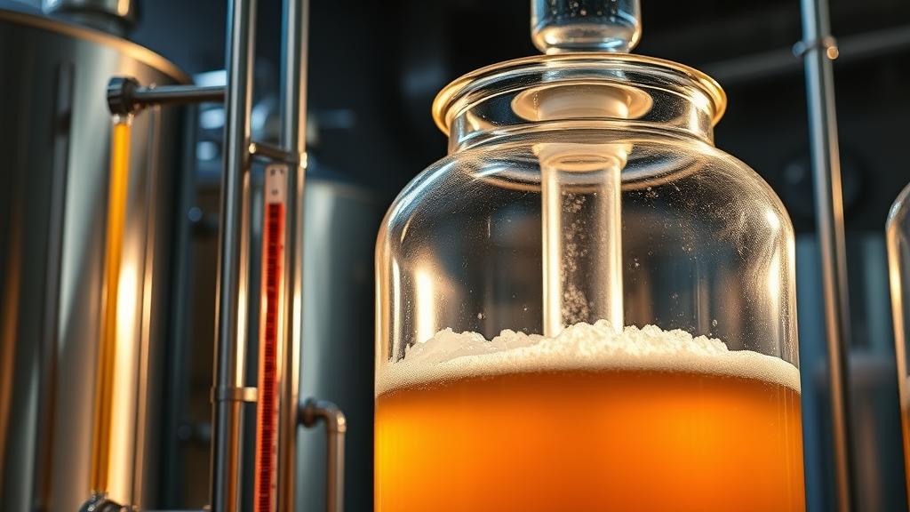 Clear glass fermenter with golden chai ale mid-fermentation, airlock bubbling, hydrometer visible