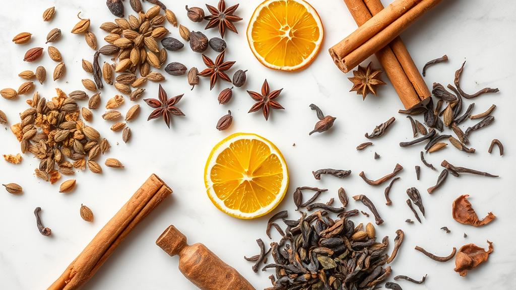 Chai ale spice ingredients: cardamom, star anise, cloves, black pepper, cinnamon, ginger, and tea leaves arranged on marble