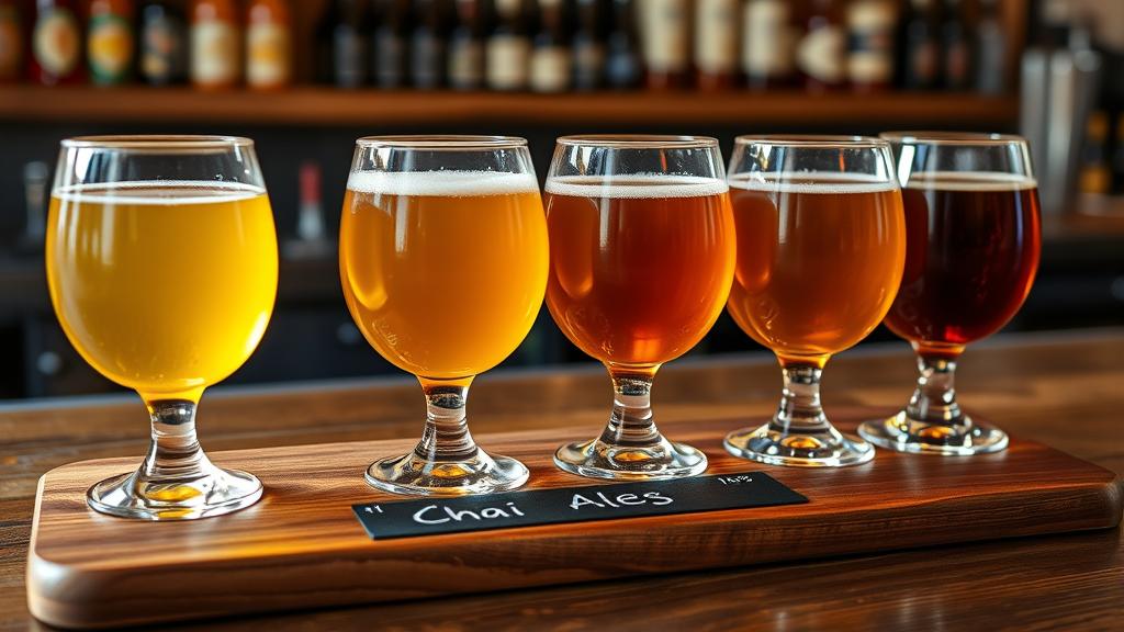 Four glasses of chai ale at different fermentation stages, from light honey to deep amber