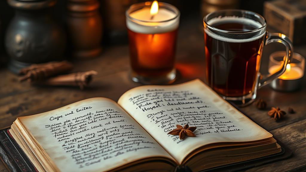 Open journal with handwritten tasting notes beside a glass of finished chai ale, candlelight mood