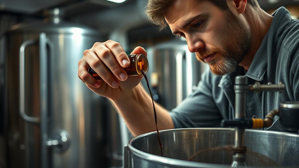 Homebrewer carefully adding chocolate and vanilla to a fermenting vessel in a garage brewery