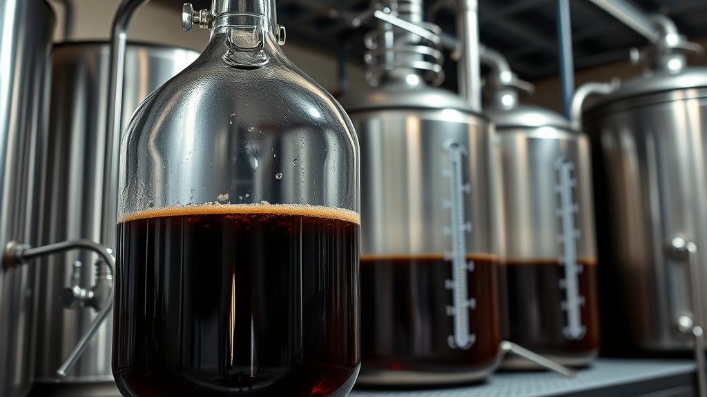 Glass carboy with dark dessert beer fermenting, showing clarity and colour
