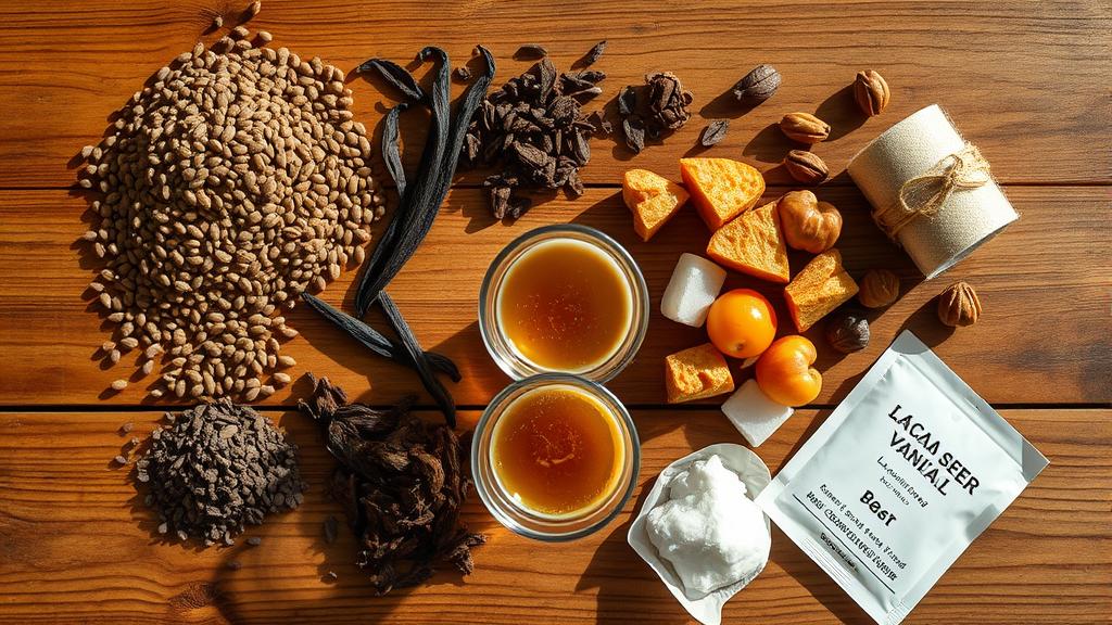 Overhead shot of dessert beer ingredients: chocolate malt, vanilla pods, cacao nibs, lactose, and yeast