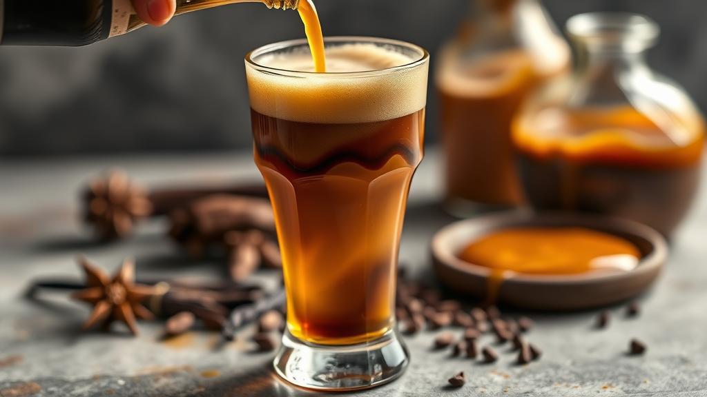 A rich dessert beer being poured into an elegant snifter glass with caramel and chocolate hues