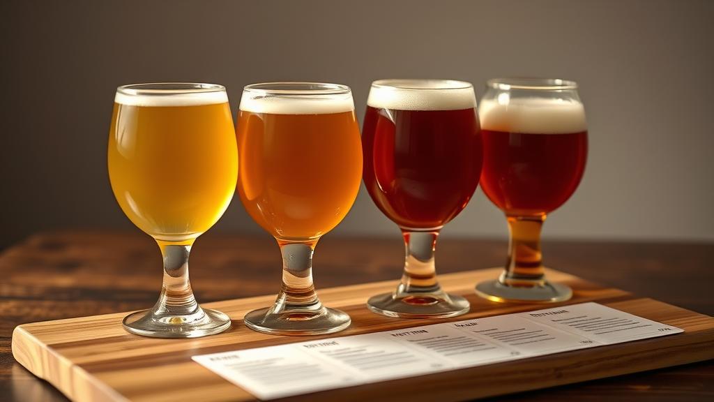 Beer tasting flight showing four dessert beers in varying shades with tasting notes