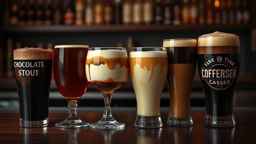 Lineup of creative dessert beer variations: chocolate stout, tiramisu-inspired, vanilla custard ale, and coffee porter