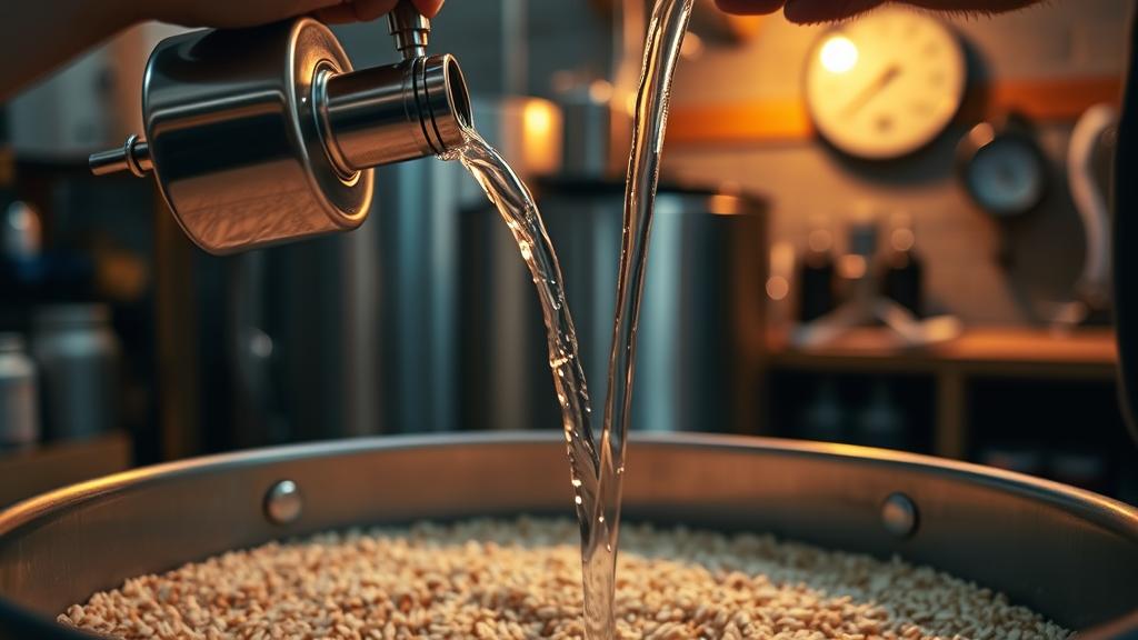 Homebrewer pouring water into mash tun during brew day