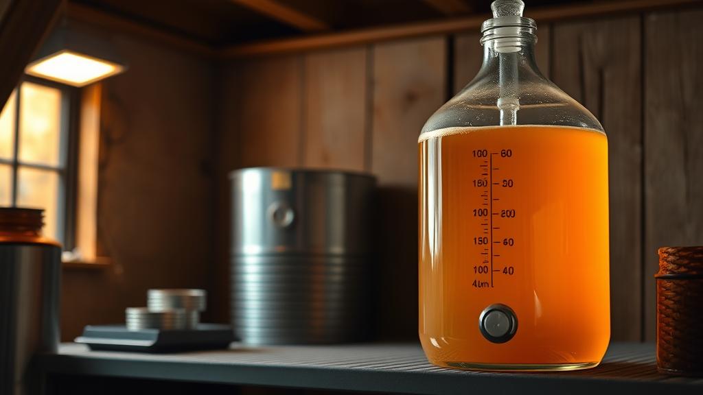 Amber wort fermenting in glass carboy with airlock