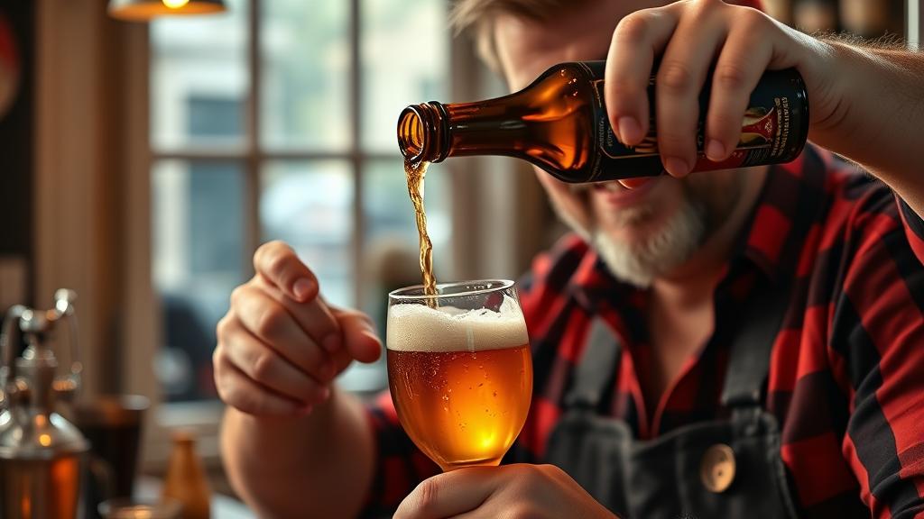 Homebrewer pouring finished amber ale into a tulip glass