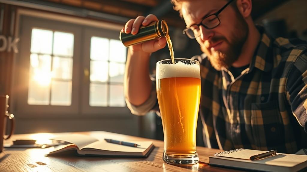 Pouring express-fermented beer, foam rising, golden sunlight