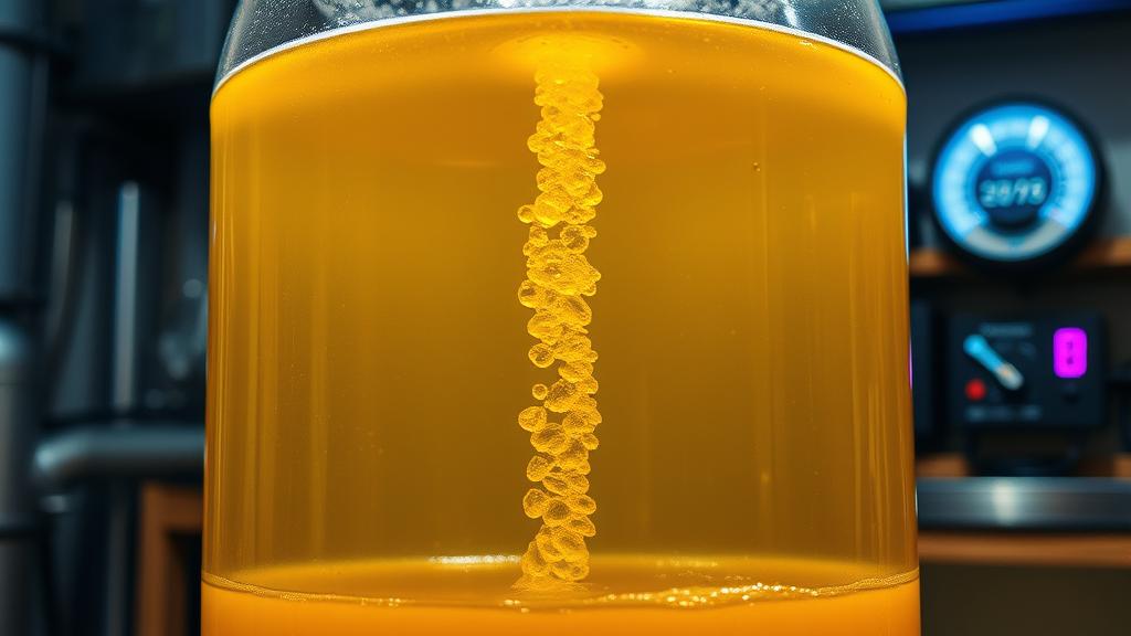 Glass carboy fermenter with active bubbling airlock, golden wort inside, temperature controller