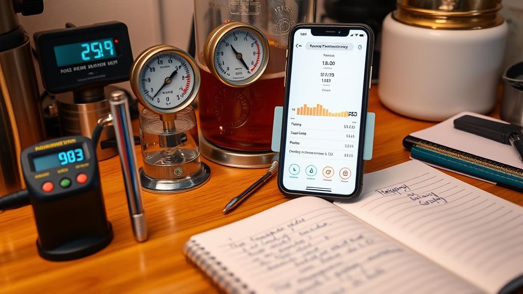 Fermentation monitoring: digital thermometers, pressure gauges, and tracking app