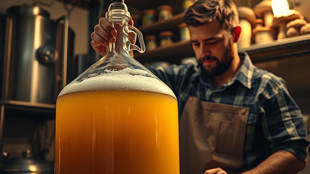 Glass carboy fermenter with pale golden lager beer in homebrewery