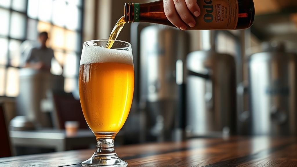 Golden fonio beer being poured into a glass with white head and natural light