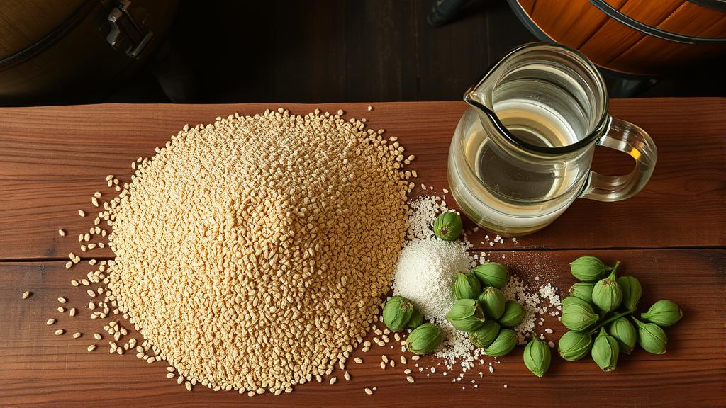 Fonio grain displayed alongside traditional brewing ingredients on wooden workbench