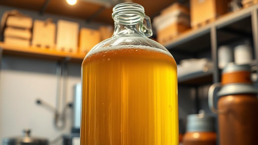 Glass carboy filled with golden fonio wort actively fermenting with visible airlock activity