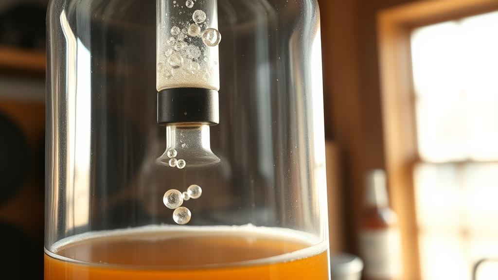 Homebrewing carboy with active fermentation and bubbling airlock, golden wort inside during Gose fermentation