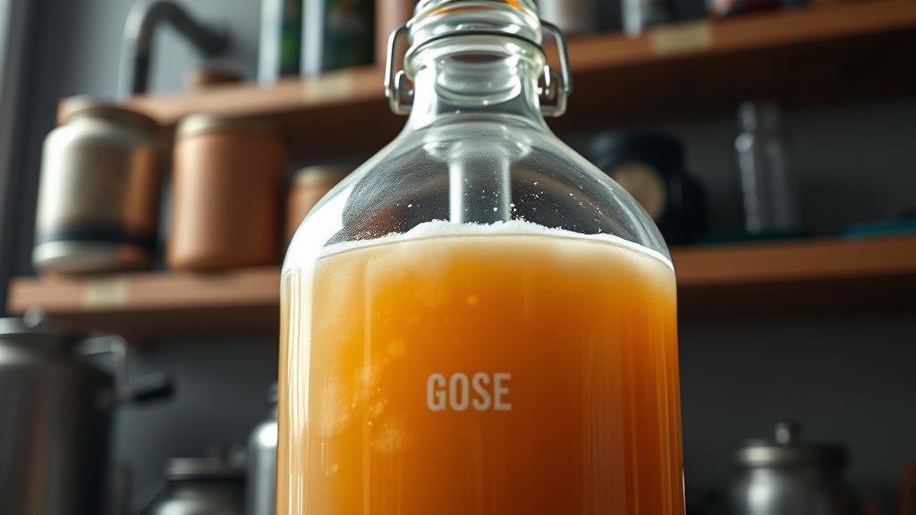 Gose beer fermenting in glass carboy with active airlock, showing cloudy golden fermentation