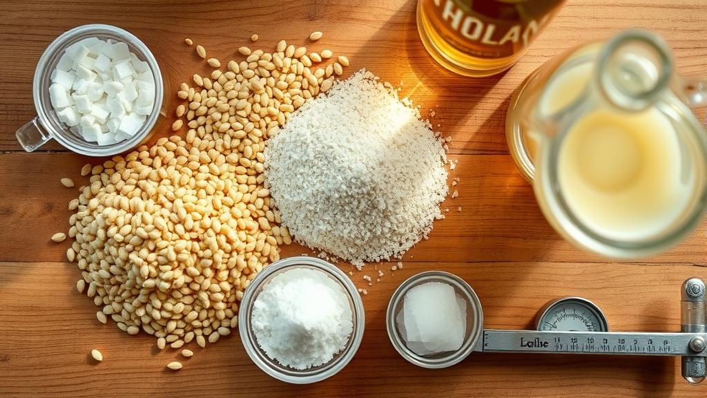 Gose brewing ingredients laid out: pale malt, wheat malt, coriander seeds, sea salt, hydrometer, Lactobacillus culture