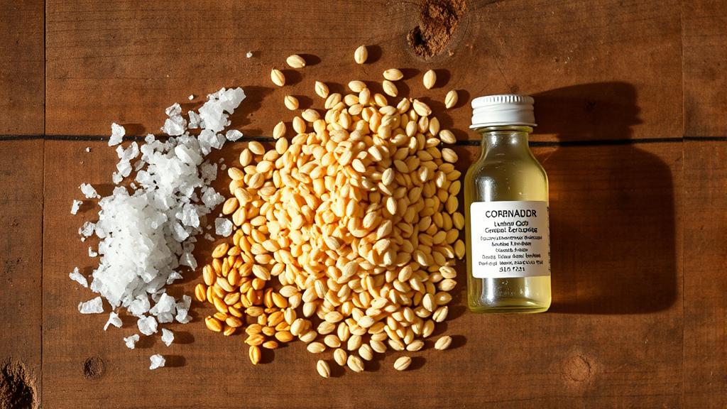 Gose brewing ingredients arranged including sea salt, coriander seeds, pale malt, and lactobacillus starter culture on wooden table