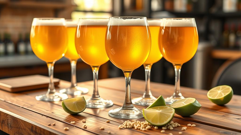 Multiple Gose beers in tulip glasses with lime wedges and coriander seeds, homebrewer tasting experience
