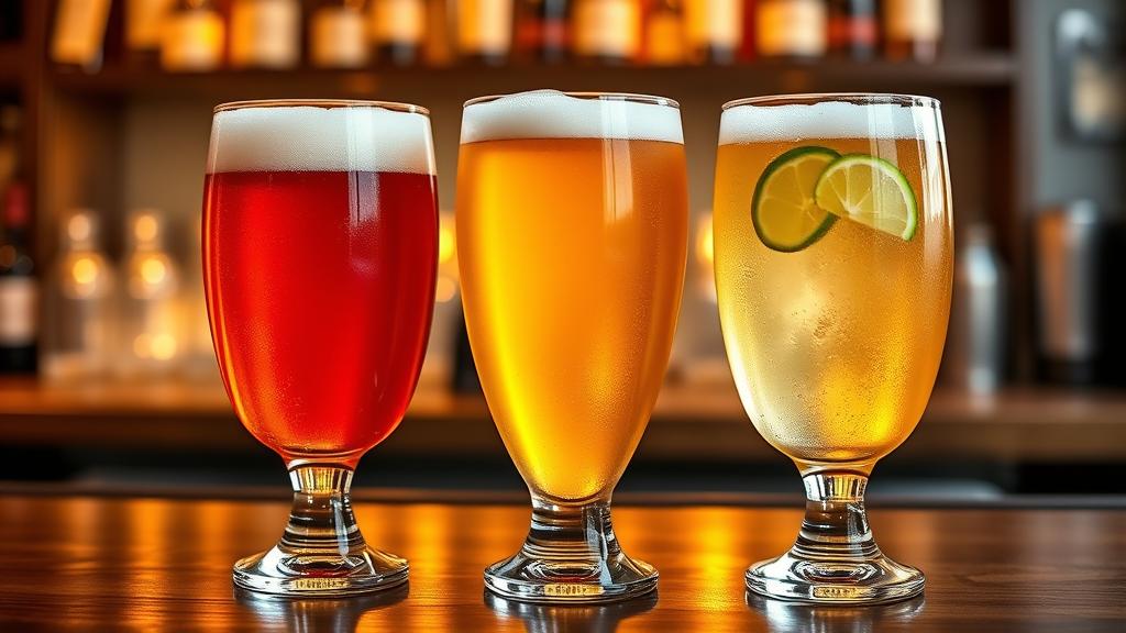 Three Gose beer variations side by side: classic, raspberry Gose, and citrus Gose with lime