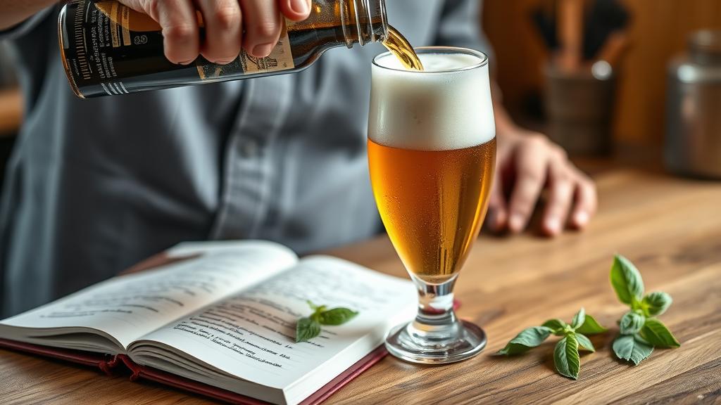 Herbal beer being poured into a tulip glass with tasting notes beside it