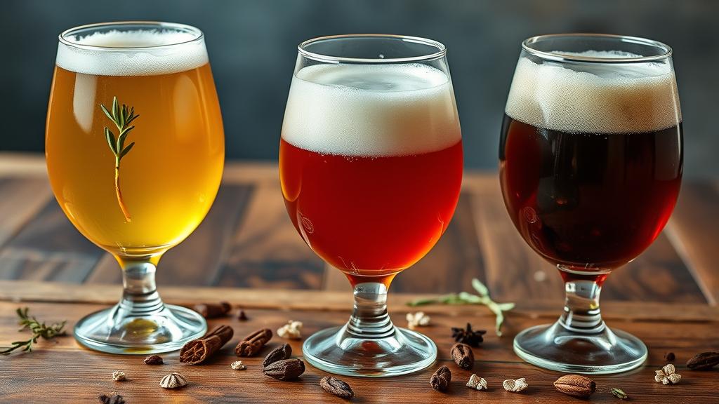Three herbal beers at different stages showing pale, amber, and bronze variations