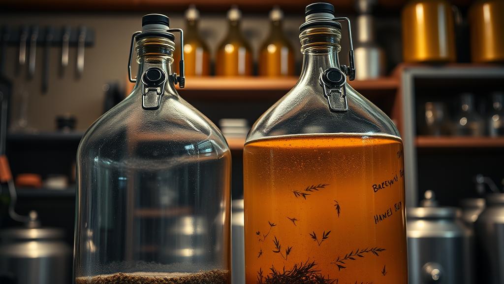 Two glass fermentation carboys with airlocks showing herbal beer at different stages