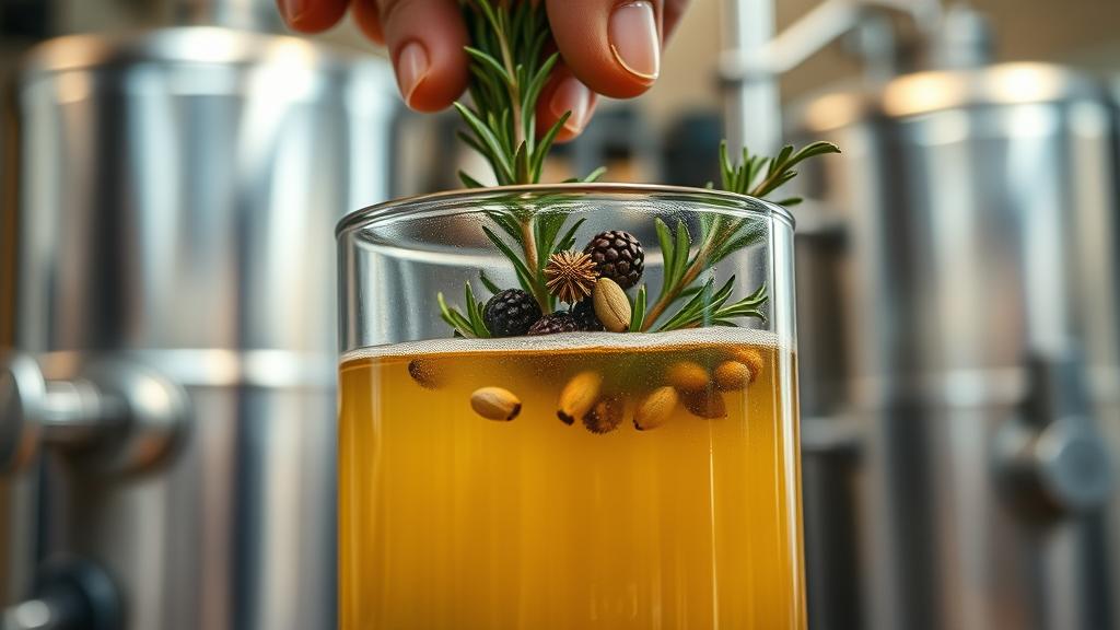 Herbal botanicals being added to golden wort in a clear glass container