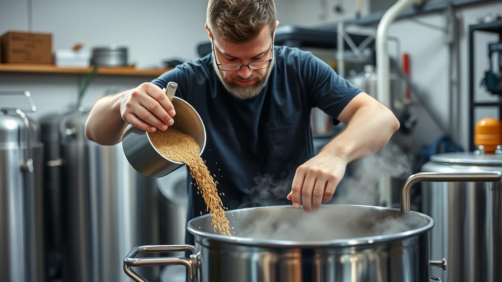 Homebrewer pouring fonio grain into a brew kettle during mashing phase