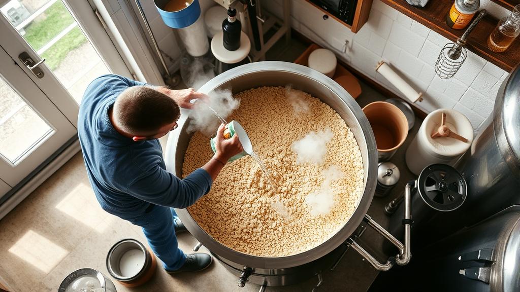 Homebrewer mashing in pale malt into mash tun with hot water being poured, steam rising