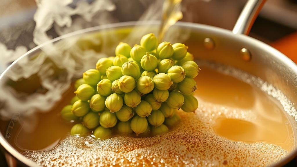 Bright green hop pellets being added to boiling brew kettle with foam rising