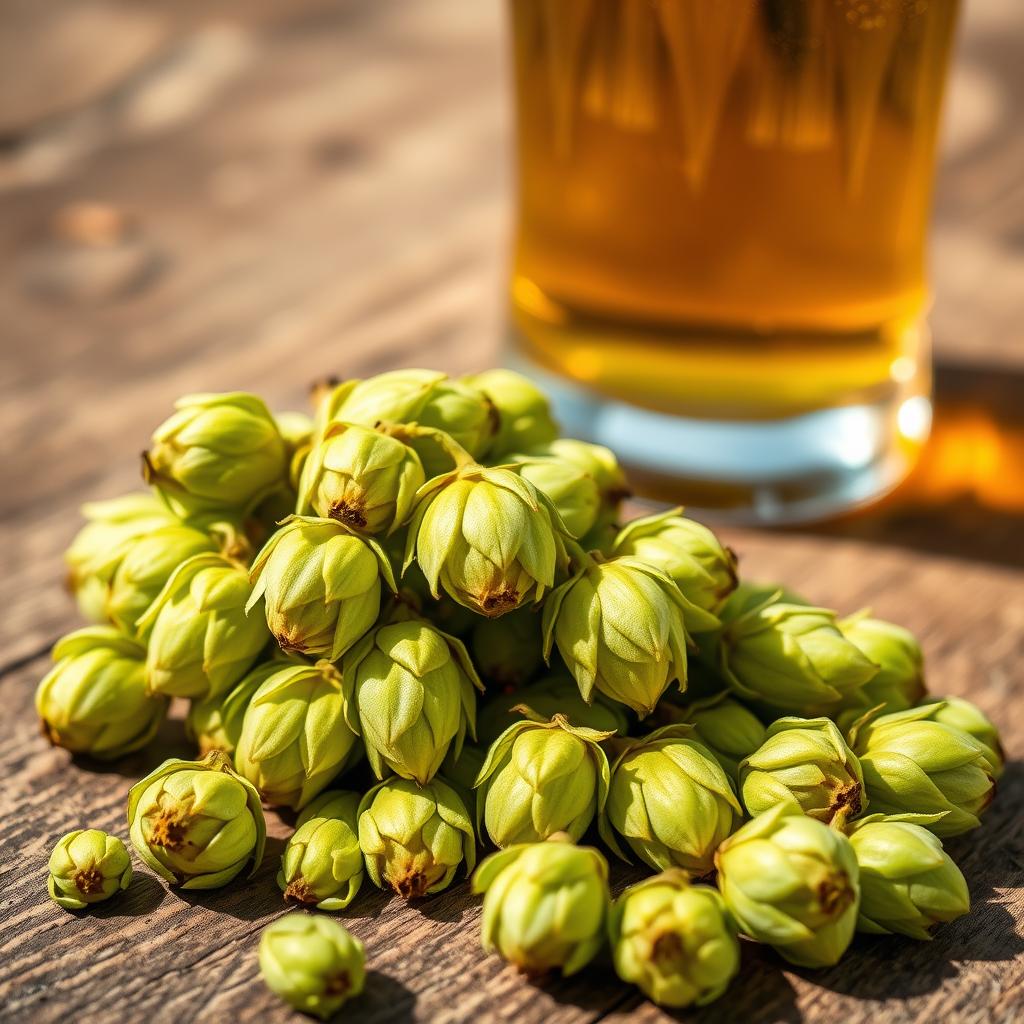 Fresh hop cones on wooden table