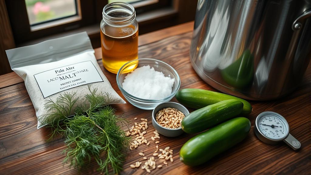 Close-up of pale malt, lactobacillus culture, fresh dill, pickling cucumber, sea salt, coriander seeds, hydrometer, and stainless steel kettle