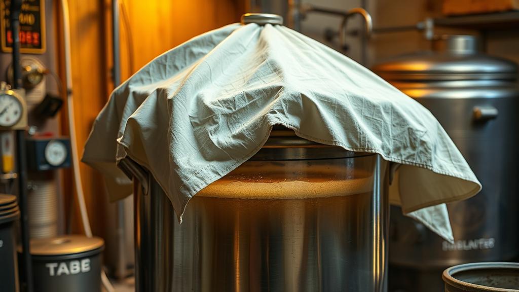 Kettle souring Gose beer with cloth cover, showing the lactic acid bacteria resting phase