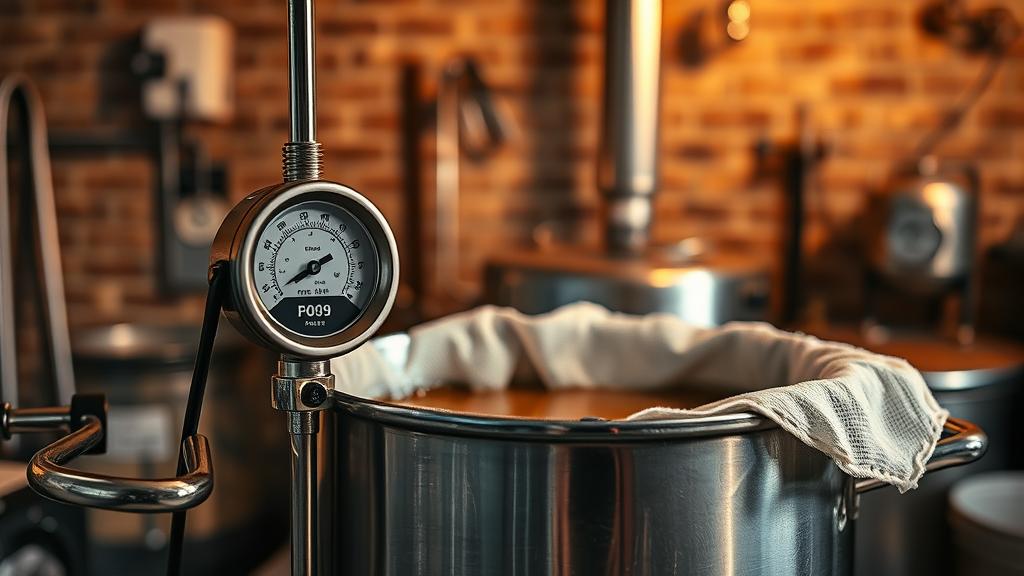 Homebrewer monitoring pH during kettle souring, stainless steel brew kettle at 50 degrees Celsius, lactobacillus culture active