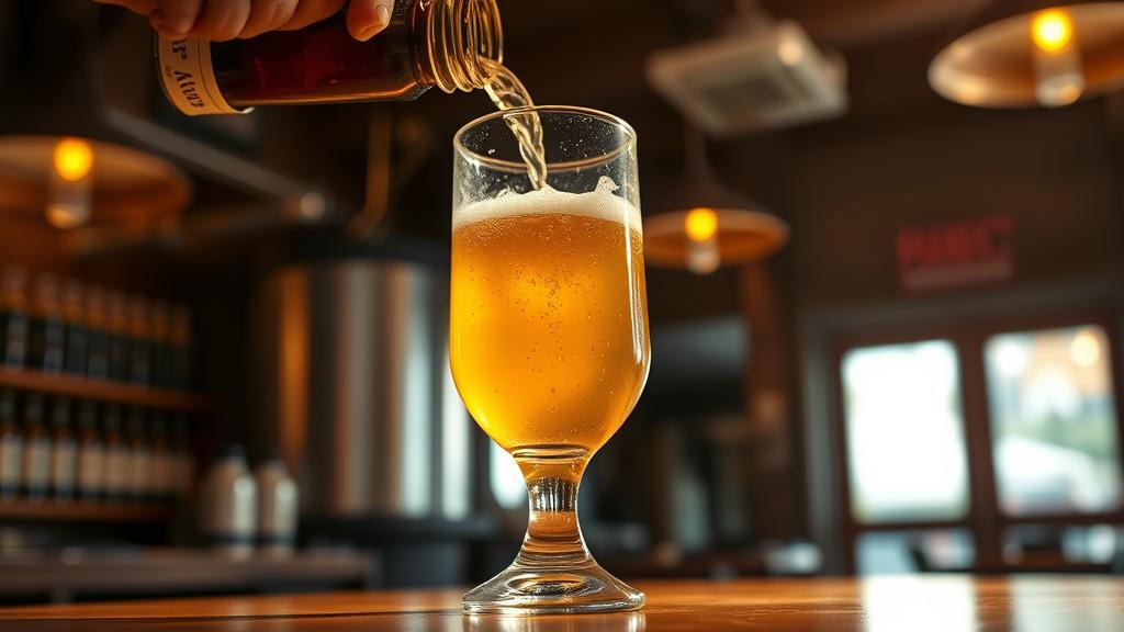 Koji-fermented beer pouring into glass with golden amber colour and koji particles visible in light