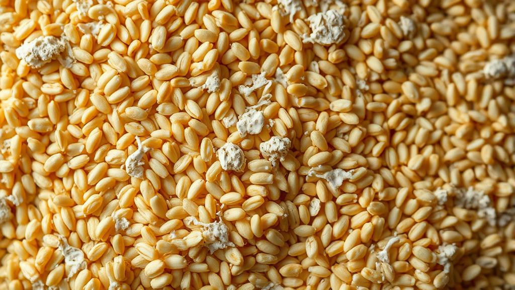 Koji mold growing on pale malted barley grains with fine white mycelia in brewing setting