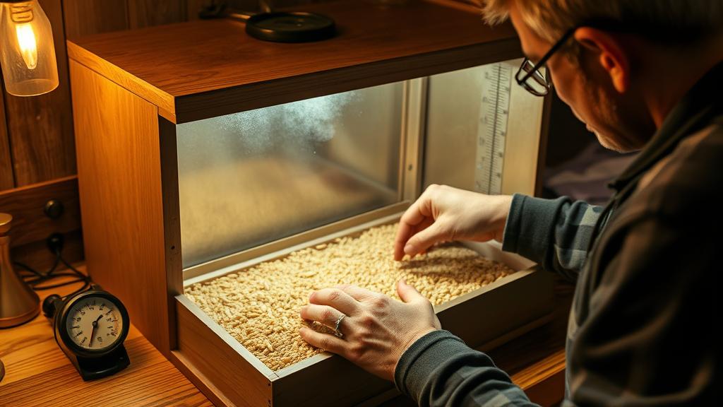 Homebrewer carefully incubating koji-inoculated barley in humidity-controlled box with thermometer