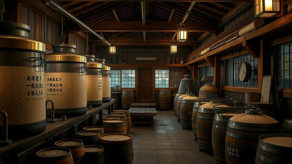 Japanese sake brewery workshop with koji chambers and traditional equipment demonstrating koji heritage