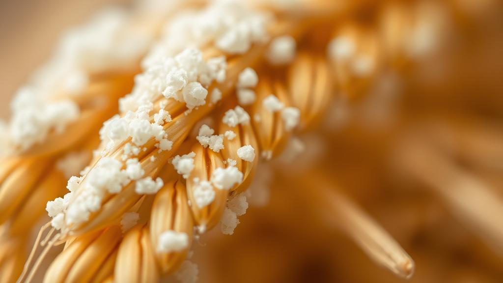 Macro photography of white koji mold spores on golden barley grain