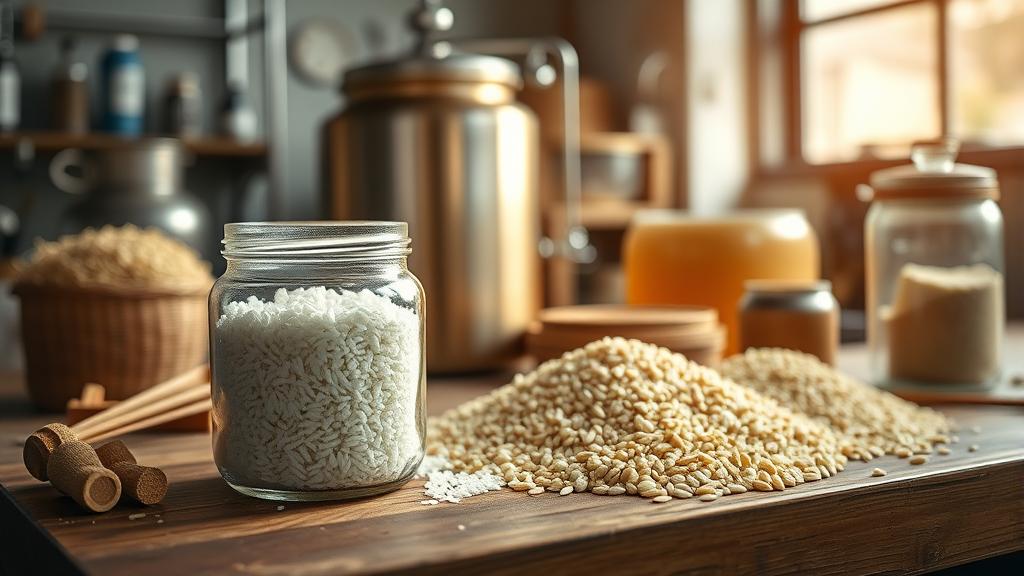 Koji rice beer brewing setup with ingredients and equipment